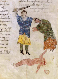 Dibujo de un hombre blandiendo una espada sobre la cabeza de otro mientras un cuerpo sin cabeza yace en el suelo.