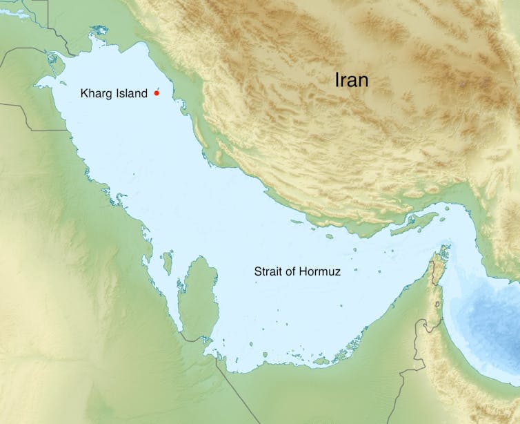 Kharg Island located on a map of the Persian Gulf.