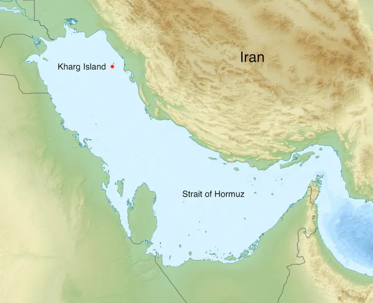 Kharg Island located on a map of the Persian Gulf.