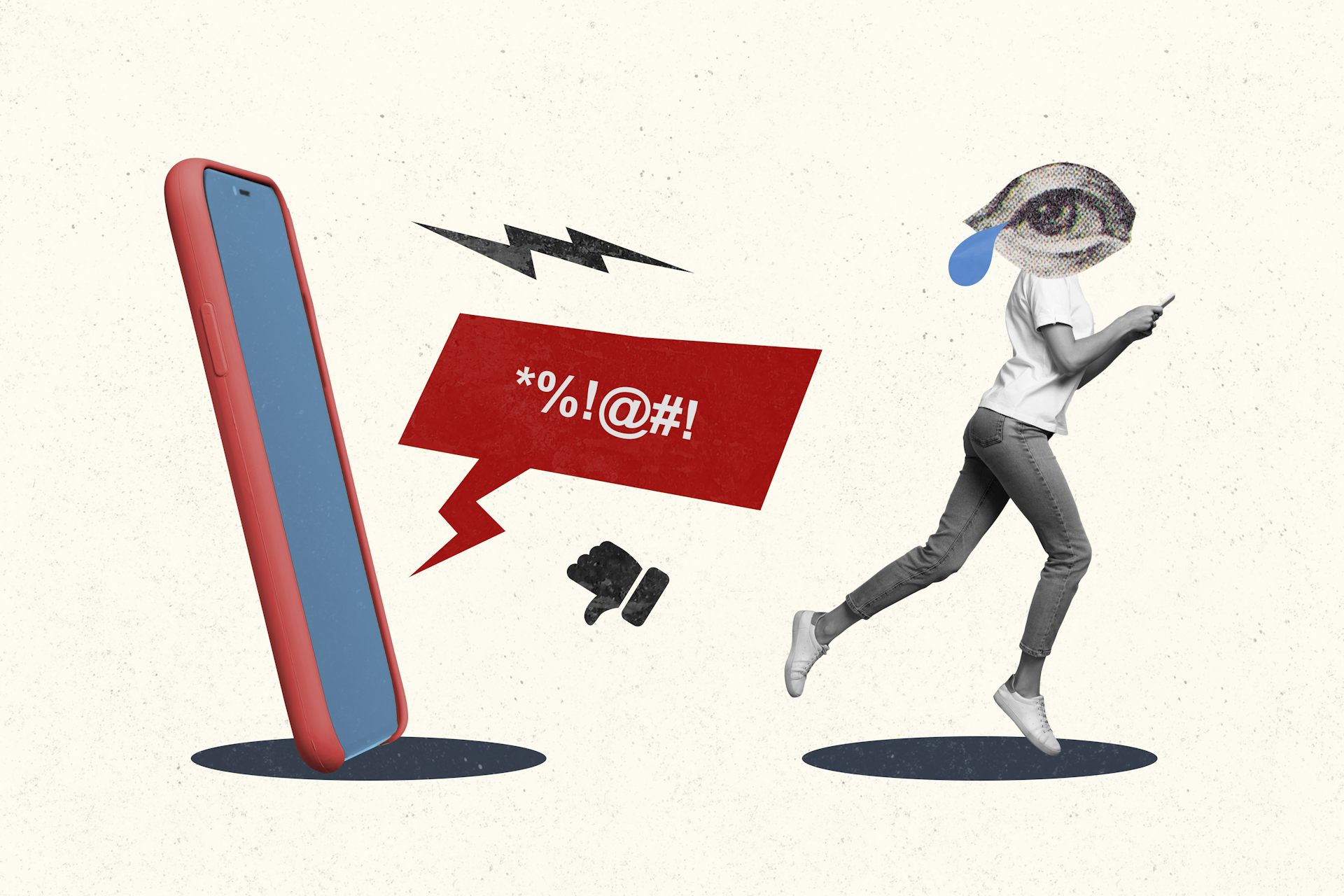 Collage que simboliza el odio saliendo de un móvil