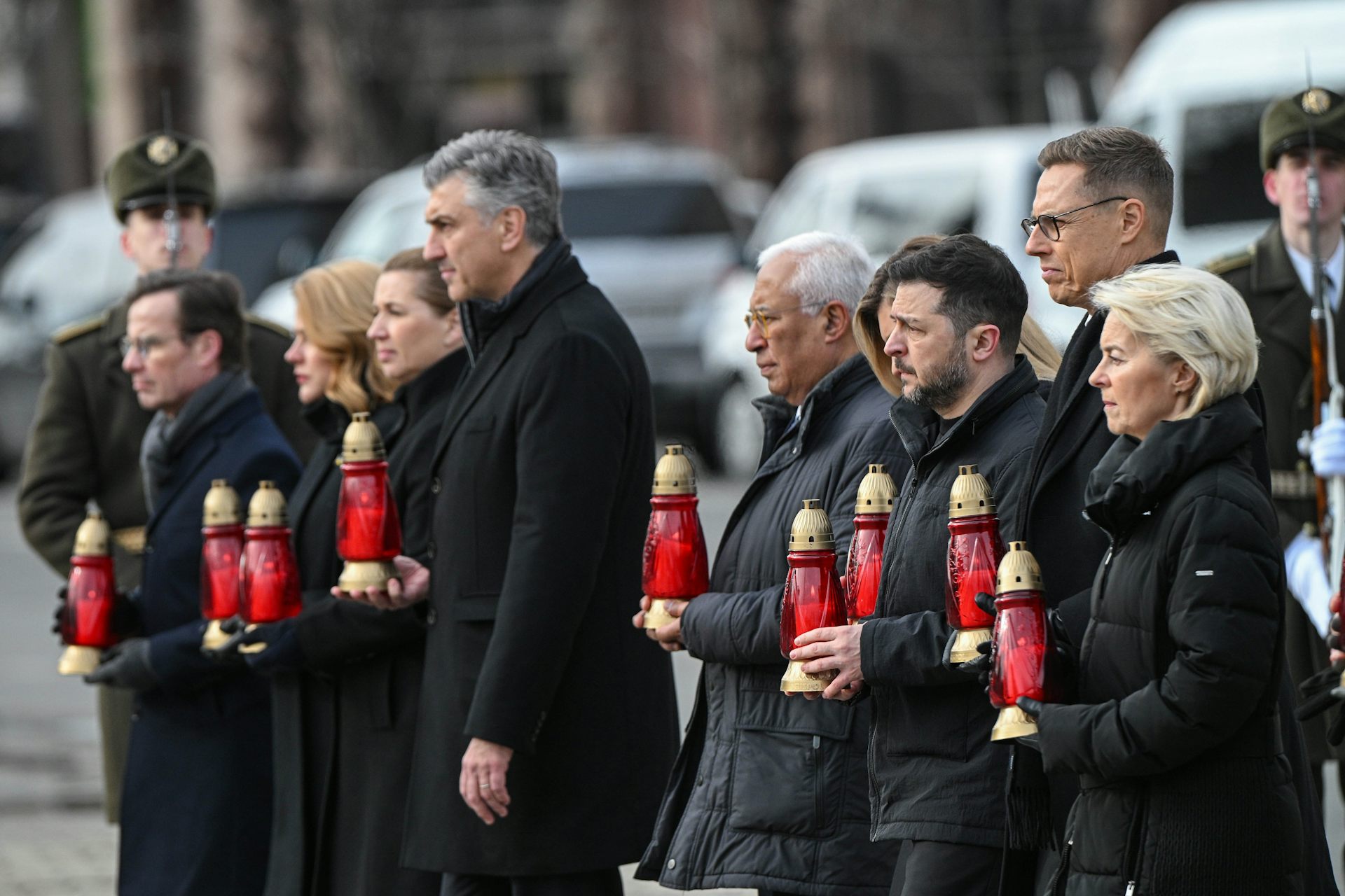 Ukrainian president, Volodymyr Zelensky, with European leaders holding candles to mark the fourth anniversary of the beginning of the war, February 24 2026.