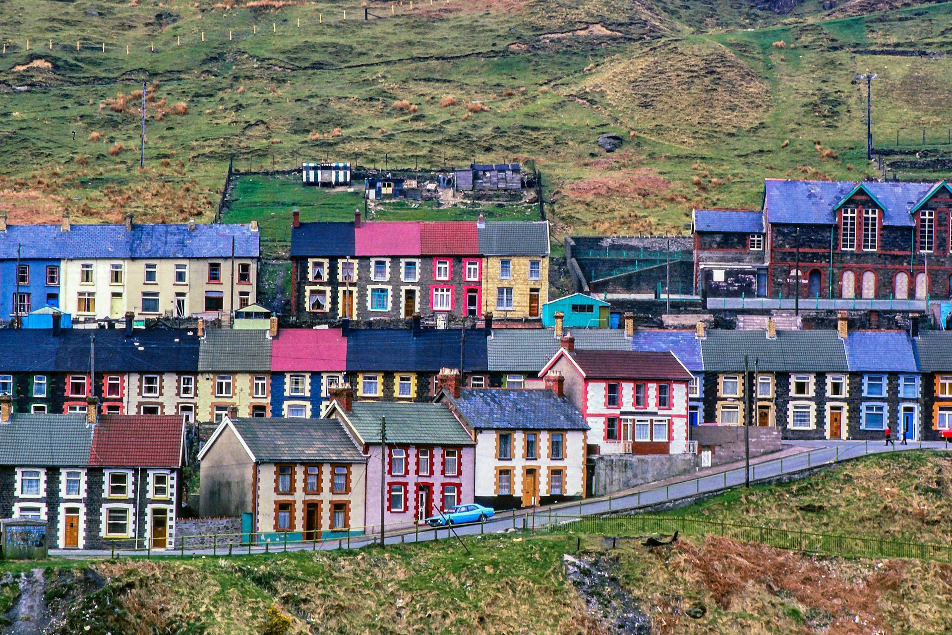 Colourful rows of terraced houses in the Rhondda Fach valley in south Wales
