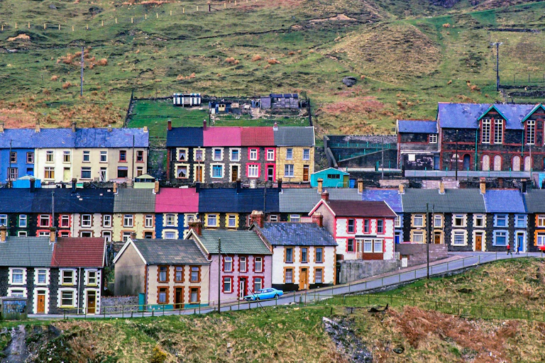 Colourful rows of terraced houses in the Rhondda Fach valley in south Wales