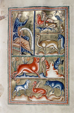 Medieval Ashmole Bestiary illumination of Adam naming the creatures of earth.
