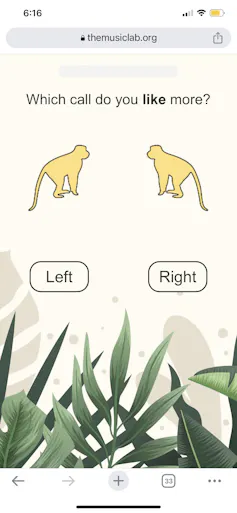 screenshot of a mobile phone with text 'which call do you like more?' and a 'left' and 'right' button to click