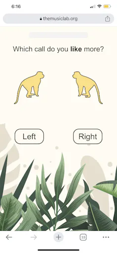 screenshot of a mobile phone with text 'which call do you like more?' and a 'left' and 'right' button to click