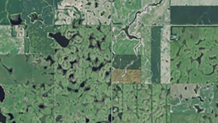 a satellite image of a green land area with bodies of water throughout