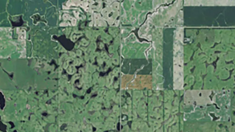 a satellite image of a green land area with bodies of water throughout