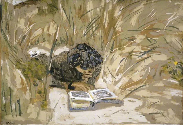 painting of a woman reading in reeds