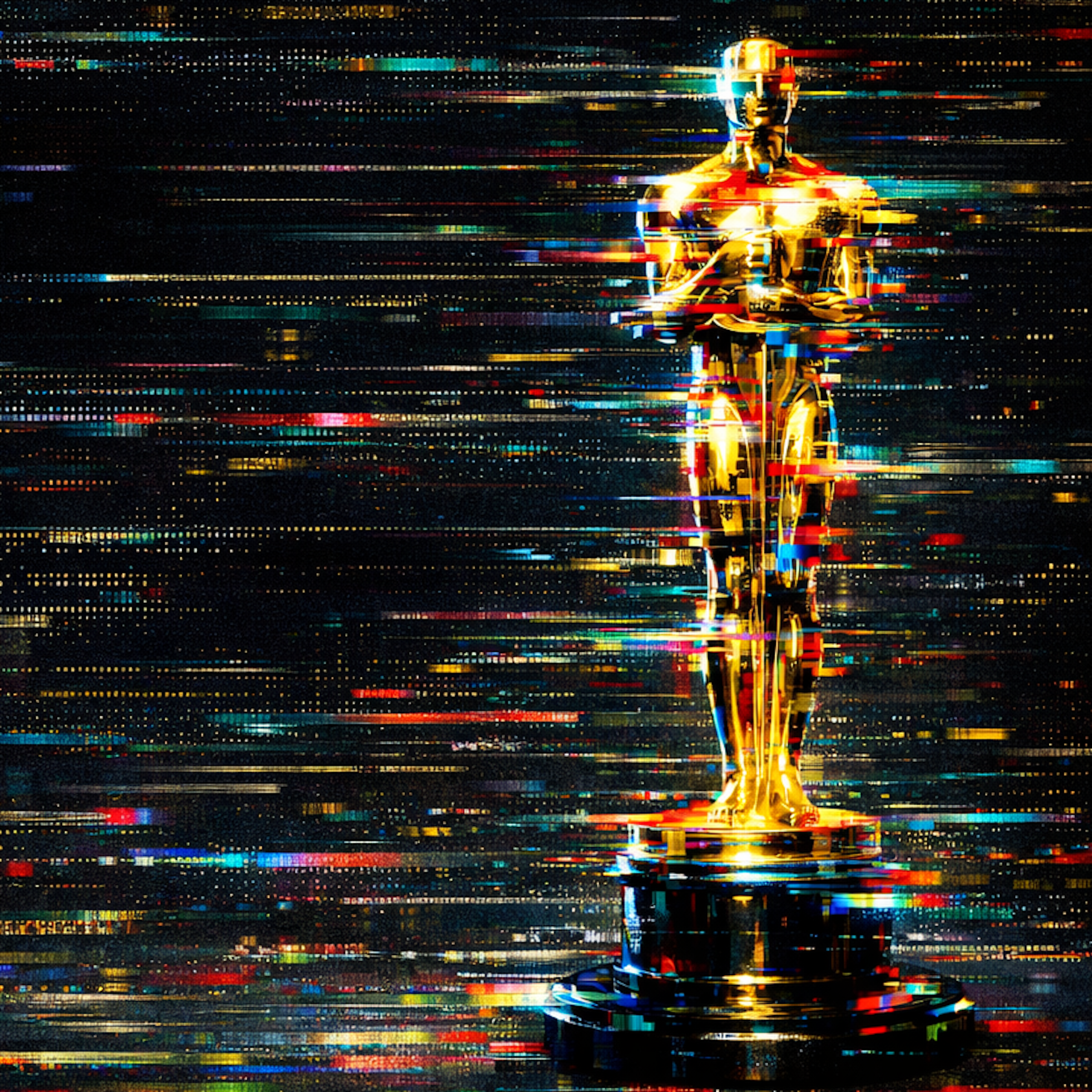 A glitchy-looking golden Oscar statuette set up against a black backdrop.