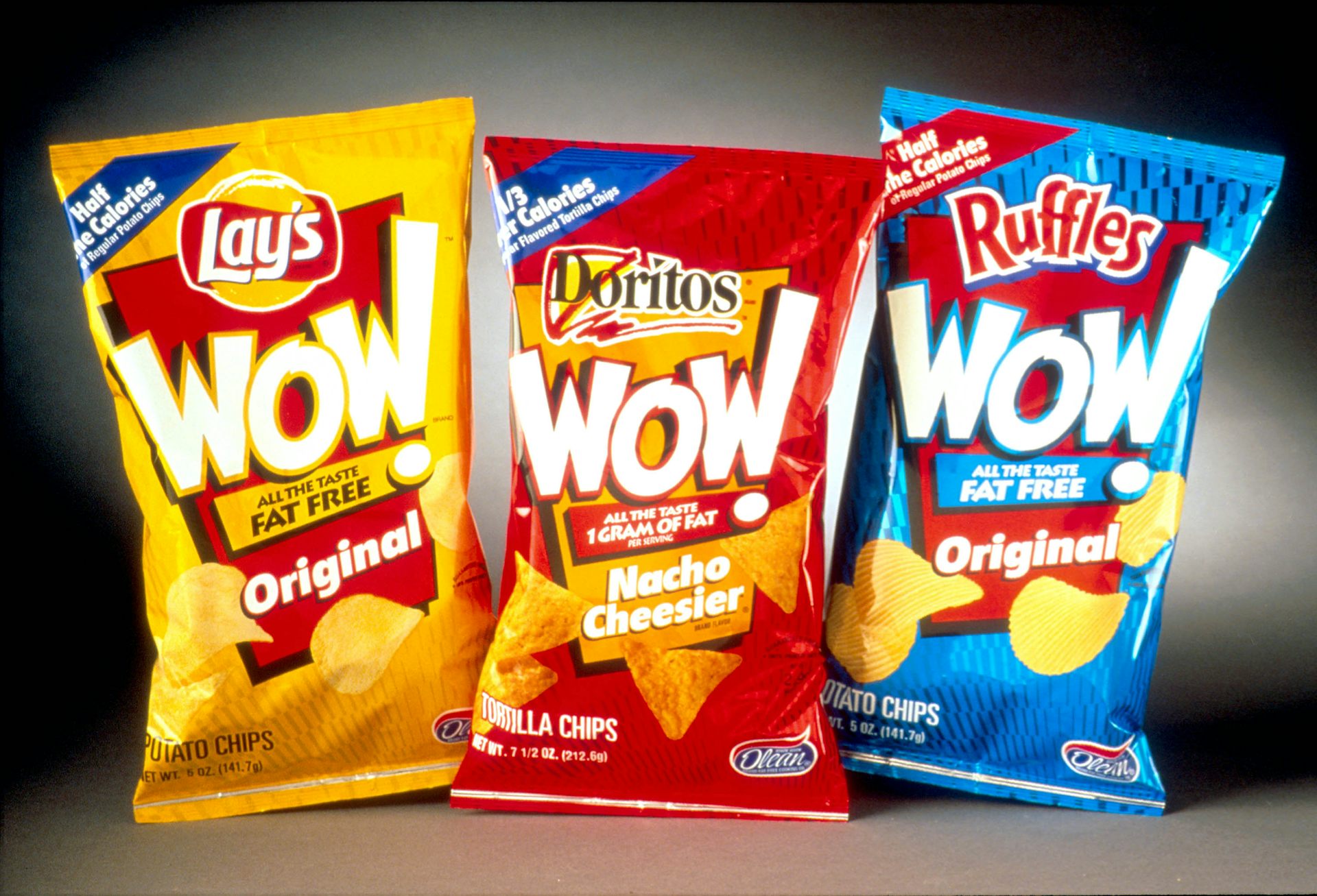 Three bags of chips -- Lay's potato chips, Doritos and Ruffles potato chips