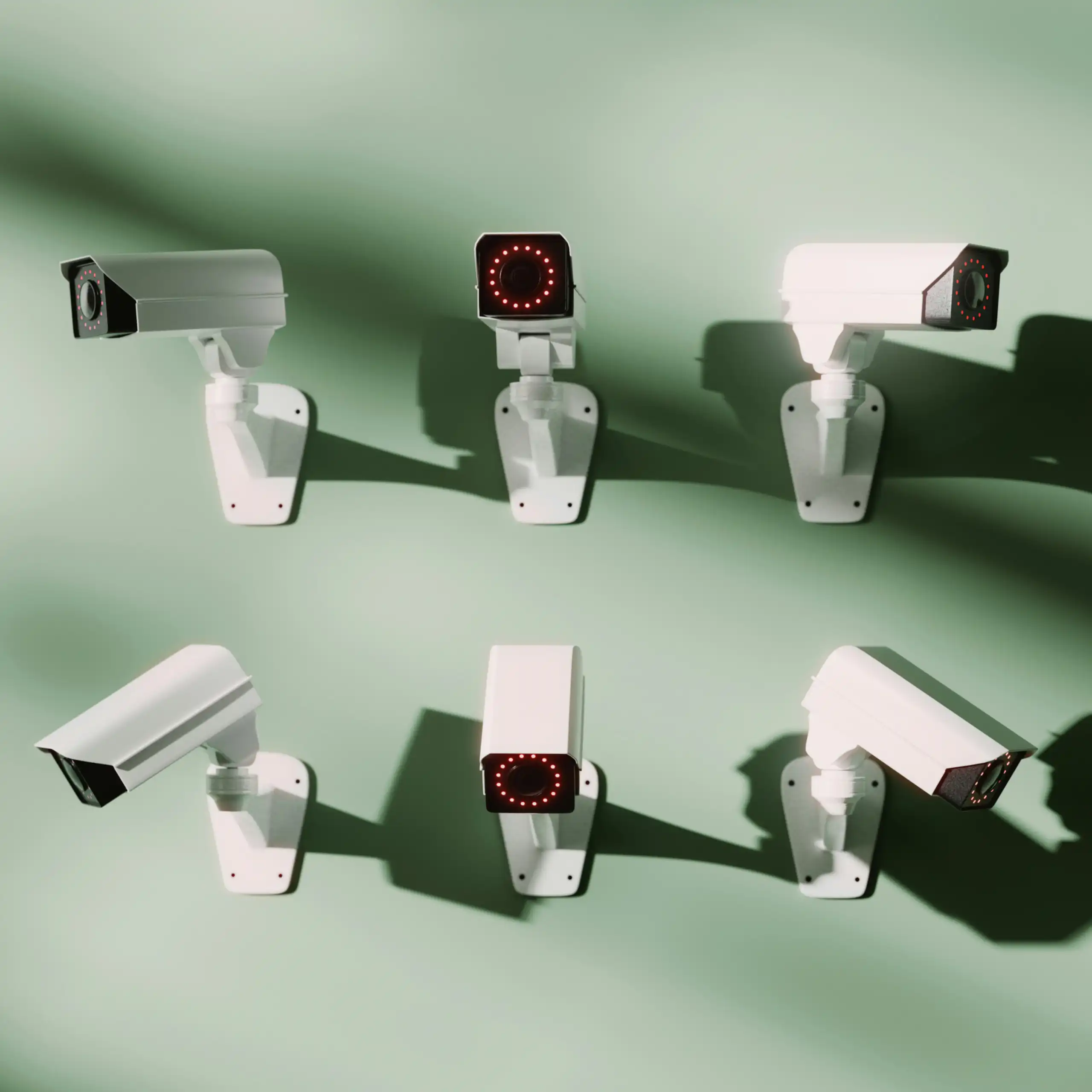 Six surveillance cameras hanging on a wall.