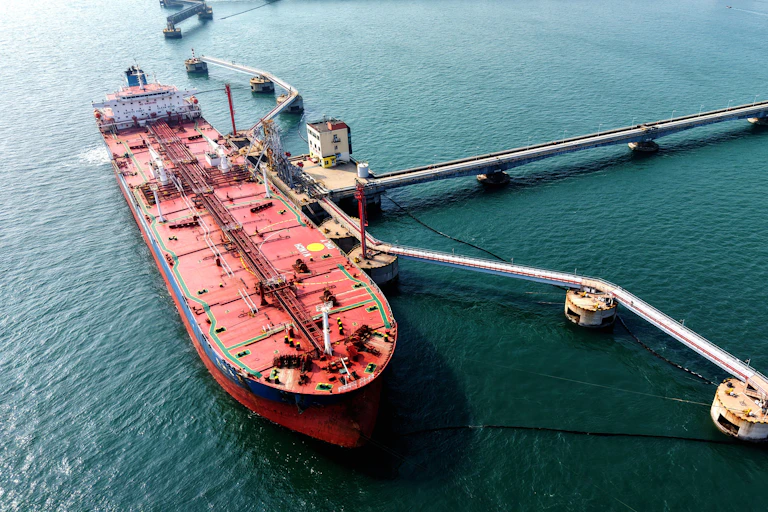 A photo of an oil tanker unloading fuel.