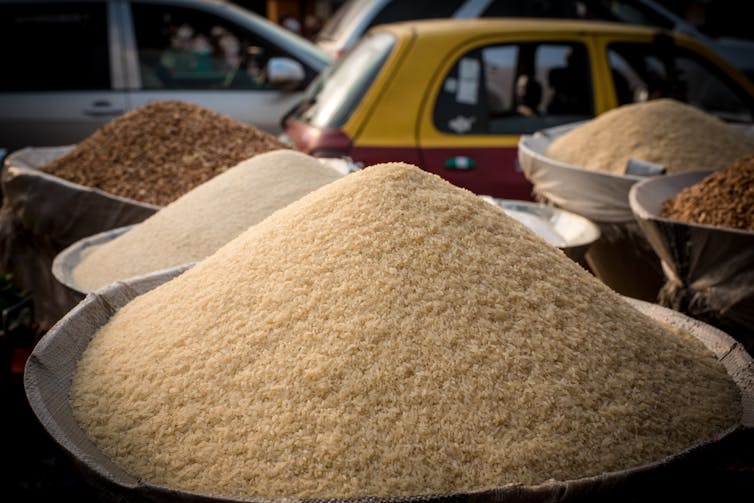 Rice beans and garri displayed for sale at Bodija Market in Oyo, Nigeria