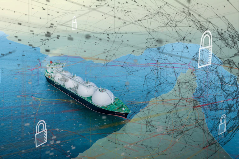 Un buque que transporta gas natural licuado aparece en un mapa donde se observa el estrecho de Ormuz y unas líneas que representan el mundo