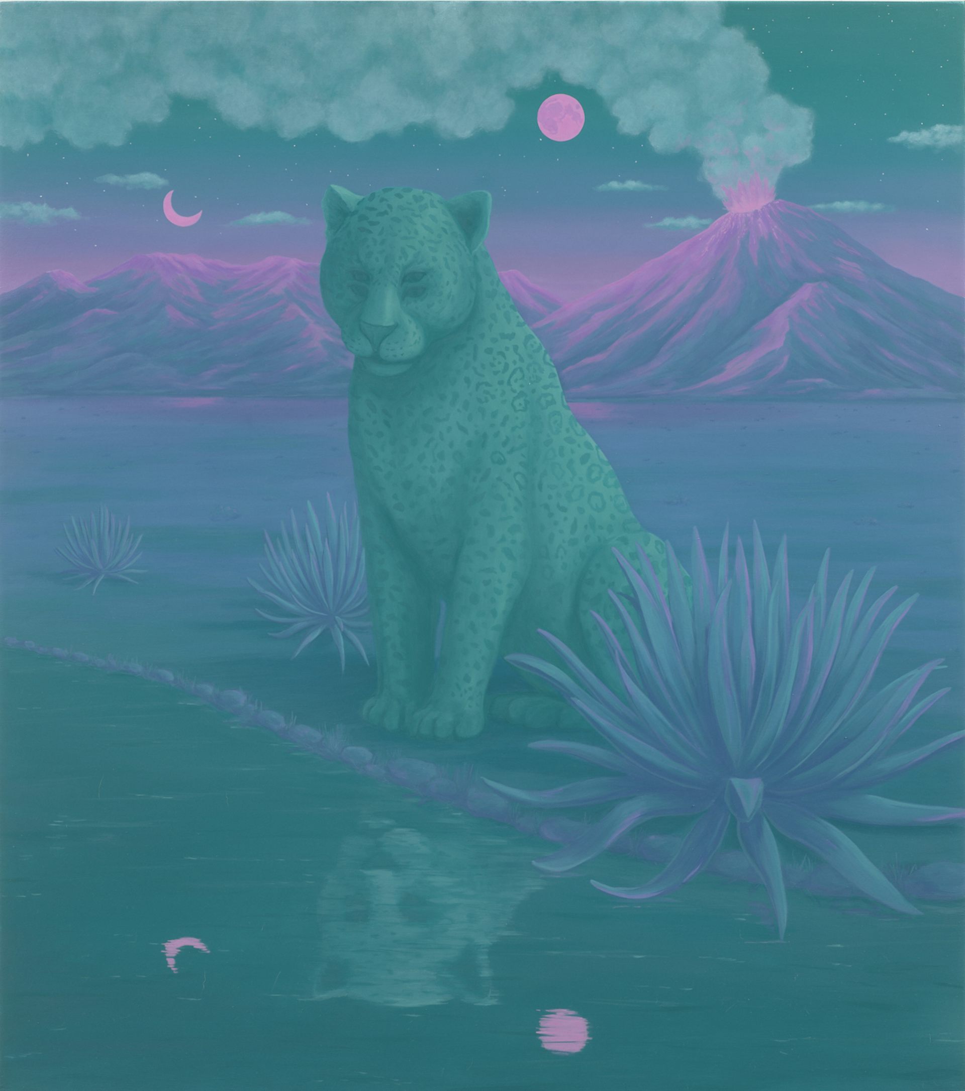 Painting of a jaguar in blue and pink