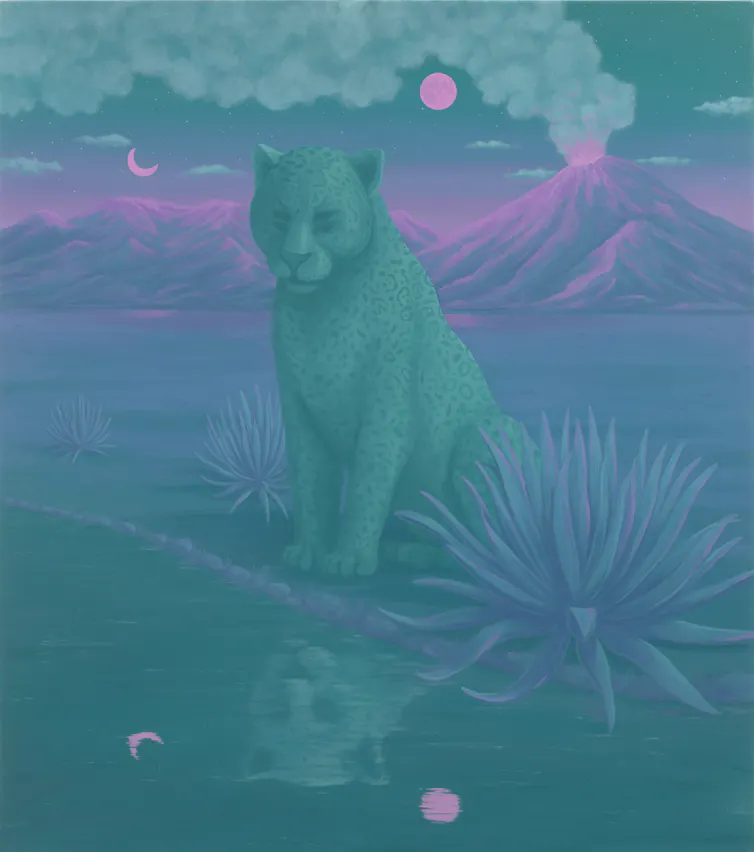 Painting of a jaguar in blue and pink
