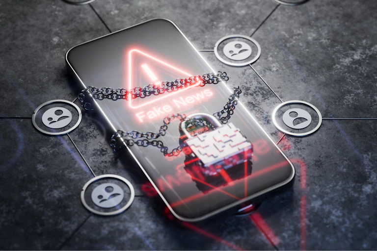 Un teléfono que muestra una alerta de "fake news" y un candado