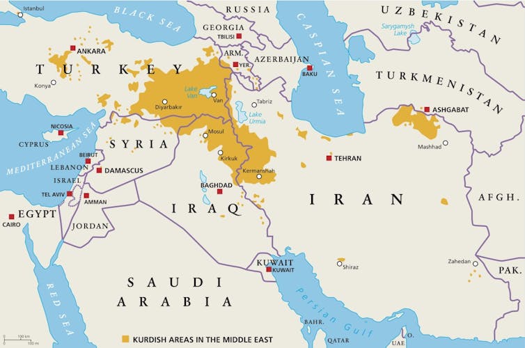 A map showing the spread of Kurds throughout the Middle East.