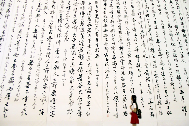 A girl in a red skirt looks up at a wall full of Chinese script in large characters, against a white background.