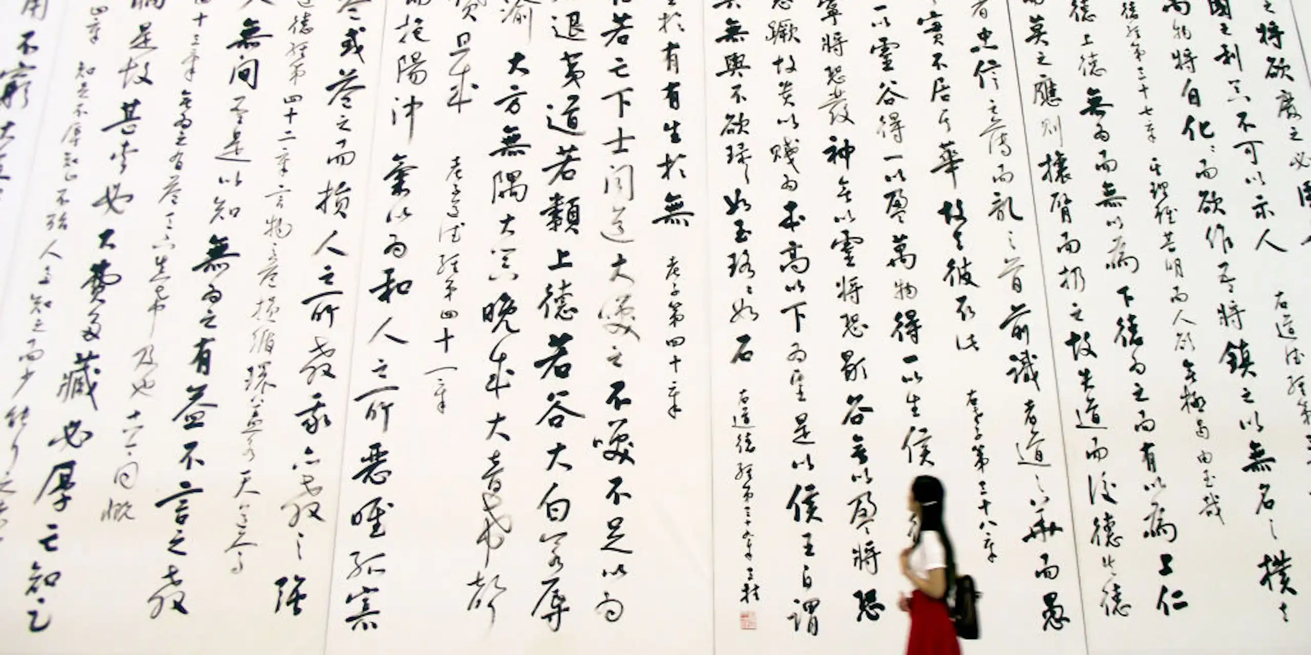A girl in a red skirt looks up at a wall full of Chinese script in large characters, against a white background.