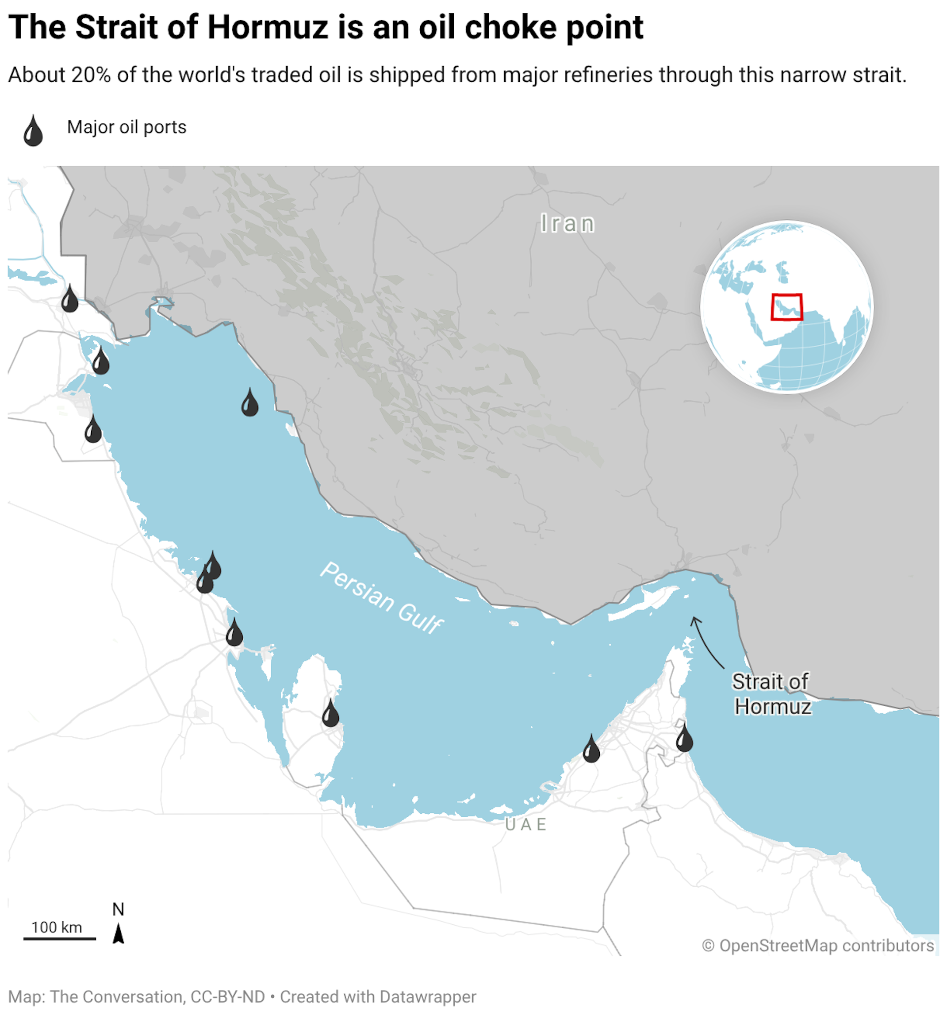 A map highlighting major oil ports along the Strait of Hormuz.