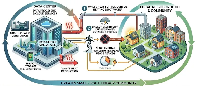 A diagram shows connections between a data center and its nearby community buildings.