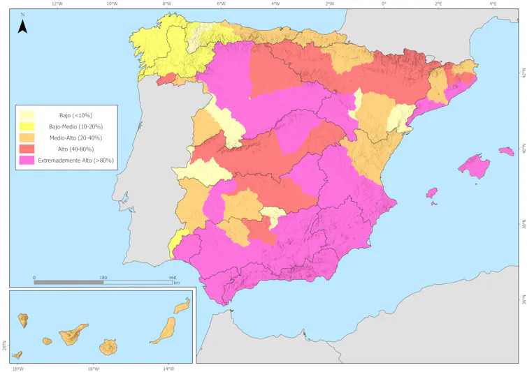 Mapa donde se muestra con colores el estrés hídrico en las comunidades autónomas españolas