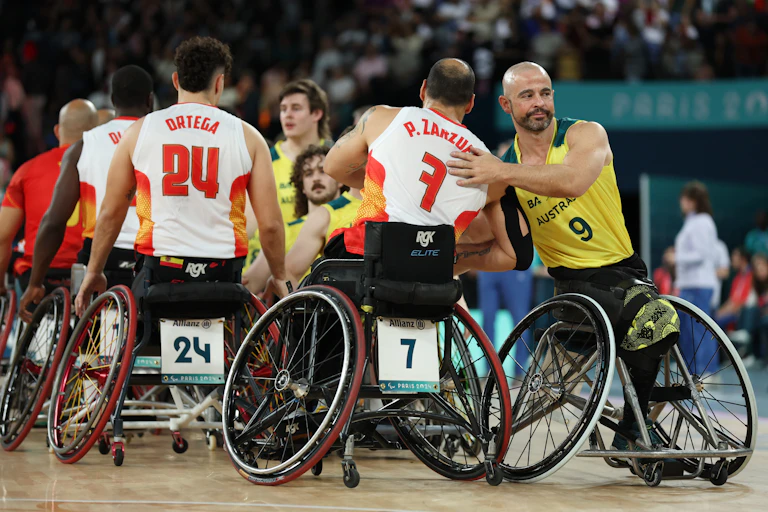 Players from Spain's and Australia wheelchair basketball team during the Paris 2024 Summer Paralympic Games
