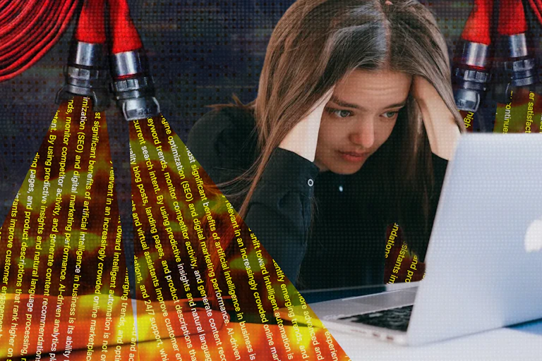 Collage showing a troubled woman staring at a laptop next to a firehose spewing text about AI.