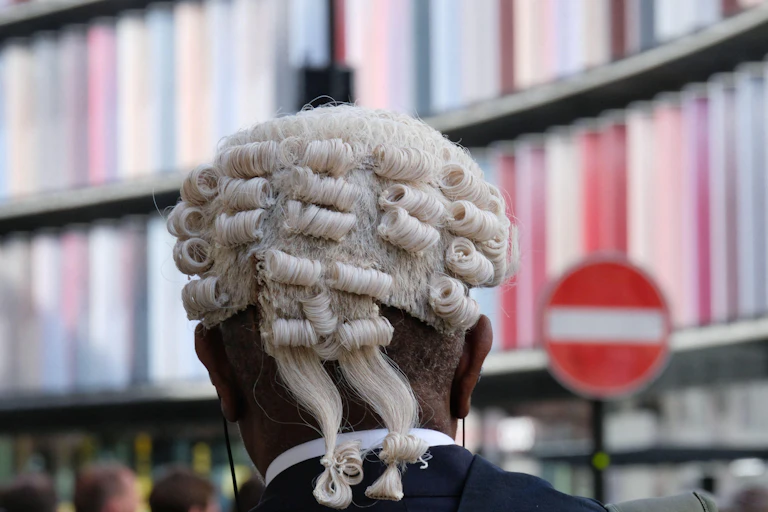 View from behind of a barrister in his wig