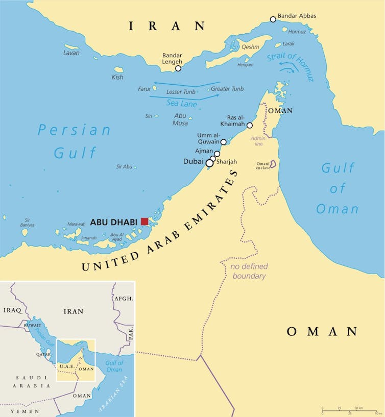 A map of the strait of Hormuz in the Gulf region.