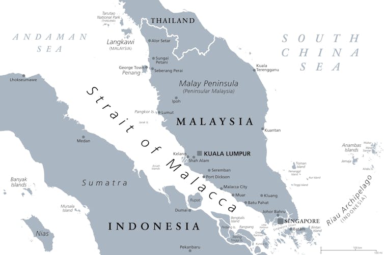 A map showing the strait of Malacca between Malaysia and Indonesia.