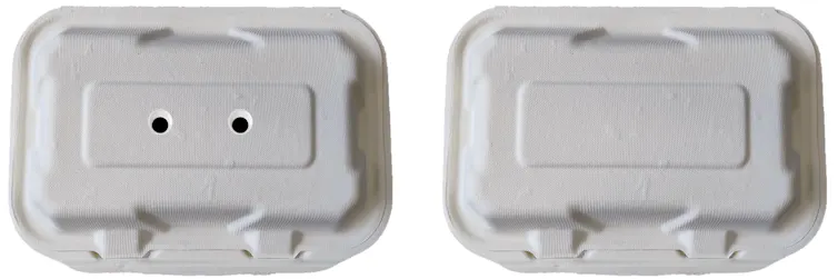 Food cartons with and without the fake eyes.