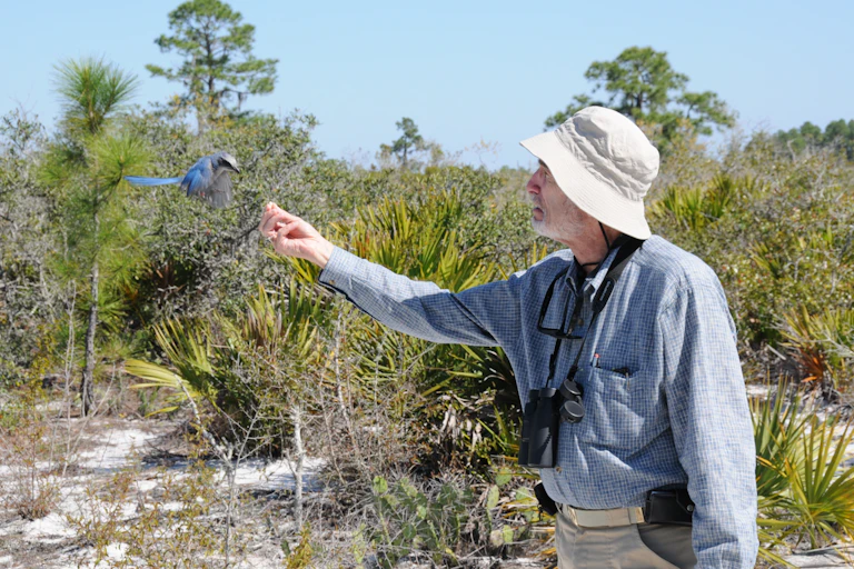 A man in a chambray shirt and sun hat stands outdoors, feeding a bird from his hand.