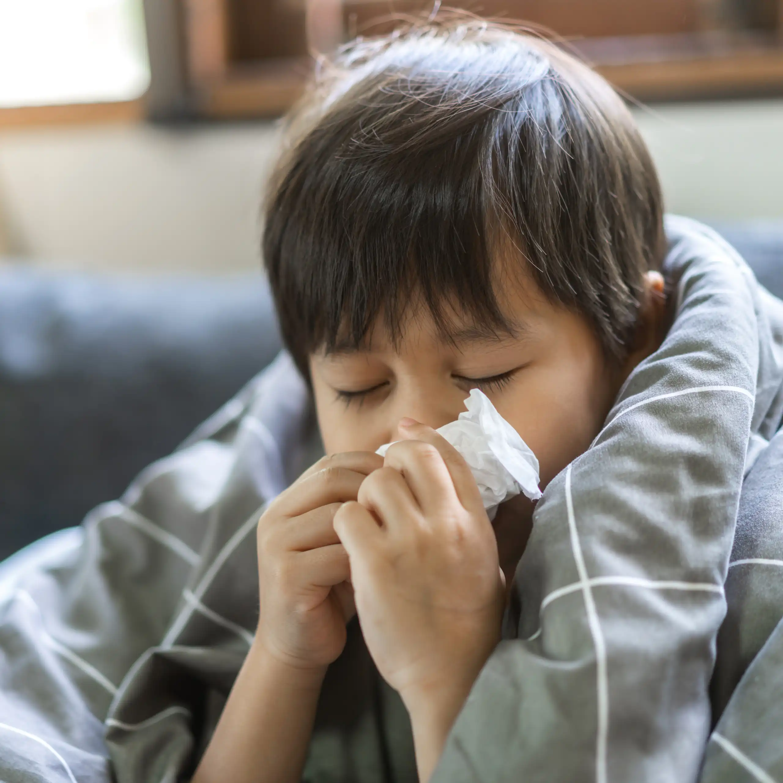 Child wrapped in duvet blowing nose