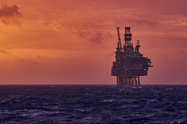 North Sea oil platform during a colourful sunset