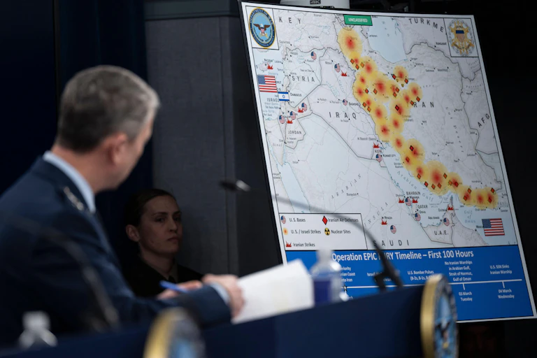A press briefing at the Pentagon shows a map of attack targets in the first 100 hours of the US-Israel war on Iran.