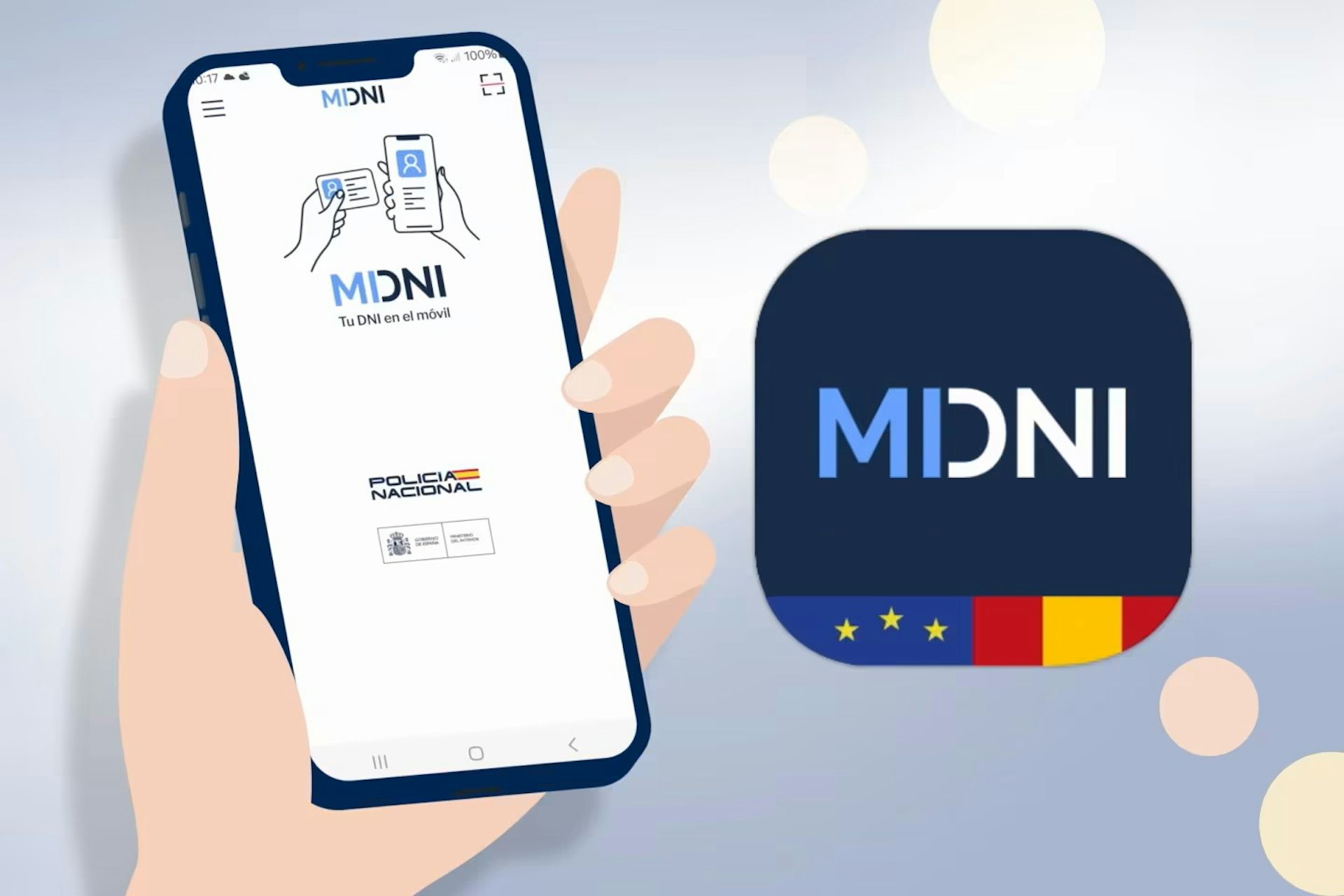 Una il·lustració d'una ma sostenint un mòbil amb l'app de miDNI a la pantalla.