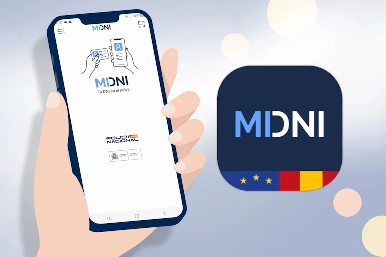 Una il·lustració d'una ma sostenint un mòbil amb l'app de miDNI a la pantalla.