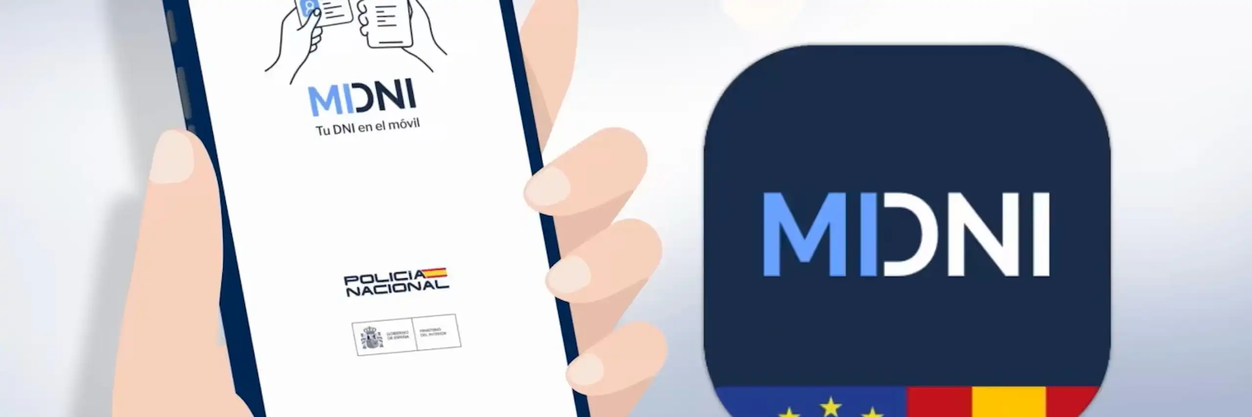 Una il·lustració d'una ma sostenint un mòbil amb l'app de miDNI a la pantalla.