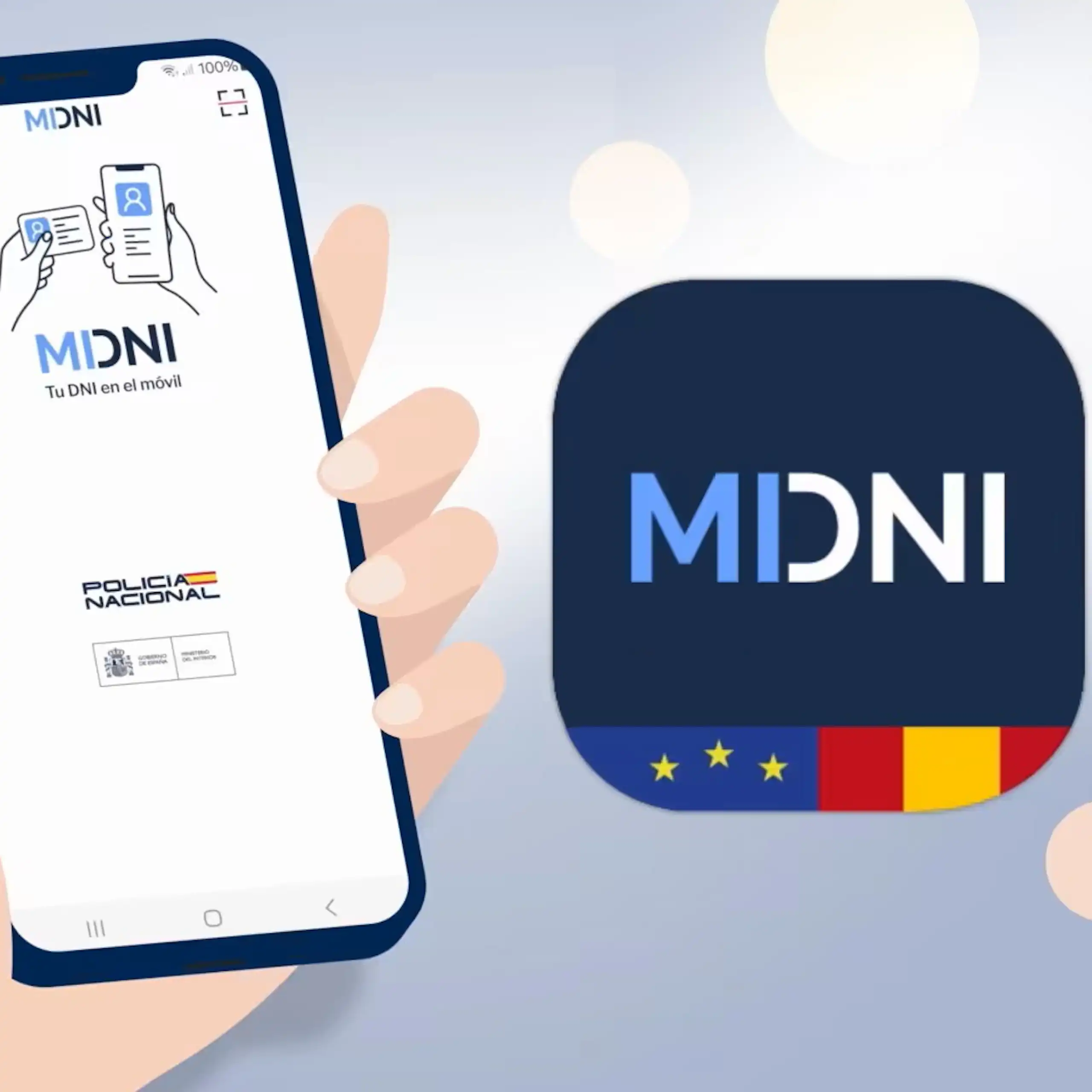 Una il·lustració d'una ma sostenint un mòbil amb l'app de miDNI a la pantalla.