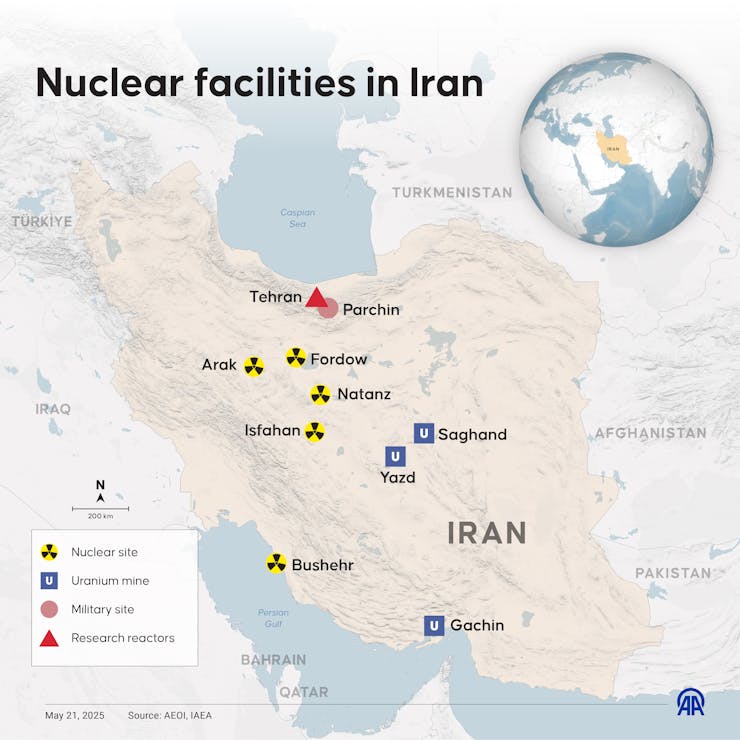 A map of Iran showing where key nuclear activities occur.