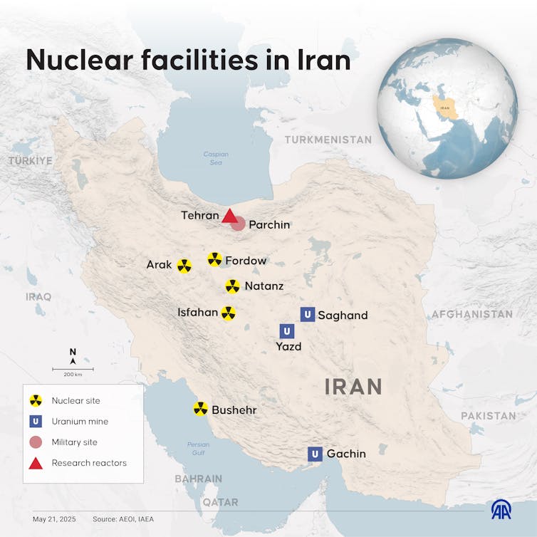 A map of Iran showing where key nuclear activities occur.