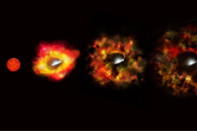 Representação artística das etapas finais de uma estrela massiva que não explode como uma supernova, mas implode sob a ação da gravidade, formando um buraco negro estelar.