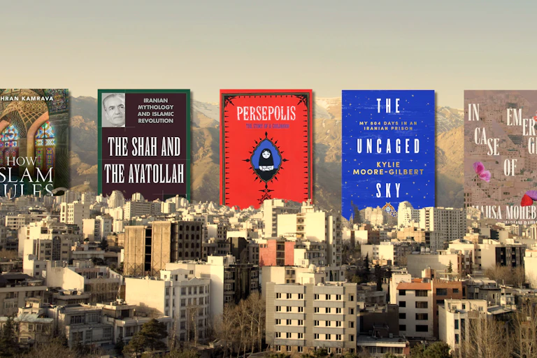 5 book covers on top of buildings in Tehran