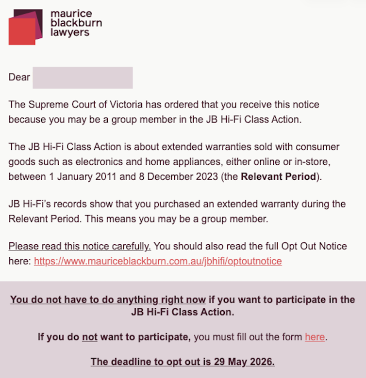 A screenshot of an email that begins: 'The Supreme Court of Victoria has ordered that you receive this notice because you may be a group member in the JB Hi-Fi Class Action.'
