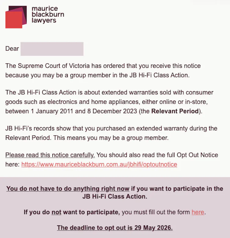 A screenshot of an email that begins: 'The Supreme Court of Victoria has ordered that you receive this notice because you may be a group member in the JB Hi-Fi Class Action.'