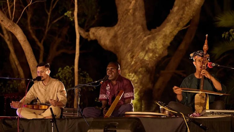 People play instruments under a gum tree.