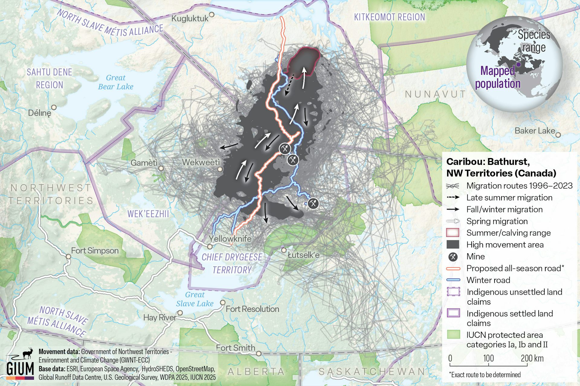 un mapa de parte de Nunavut que muestra la distribución de las manadas de caribúes